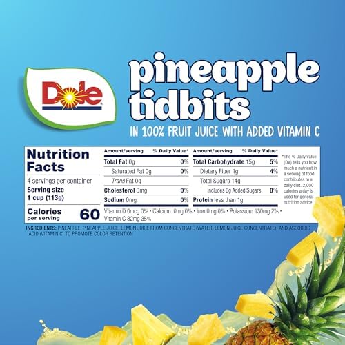 Dole Fruit Bowls Pineapple Tidbits in 100% Juice Snacks, 4oz 24 Total Cups, Gluten & Dairy Free, Bulk Lunch Snacks for Kids & Adults