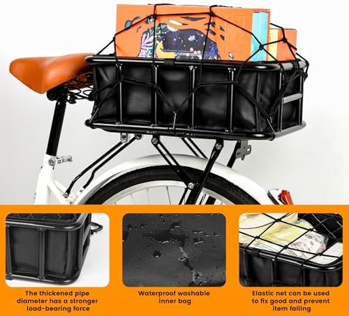 Bike Basket Rear, Large Bicycle Basket with Cargo Net, Liner and Waterproof Cover for Electirc Bike, Ebike and Bikes, Large Capacity Wire Bakset