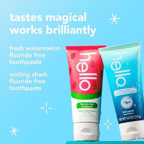 Hello Smiling Shark and Fresh Watermelon Fluoride Free Kids Toothpaste Pack, Includes 4.2 oz Smiling Shark Kids and 4.2 oz Fresh Watermelon Toothpaste