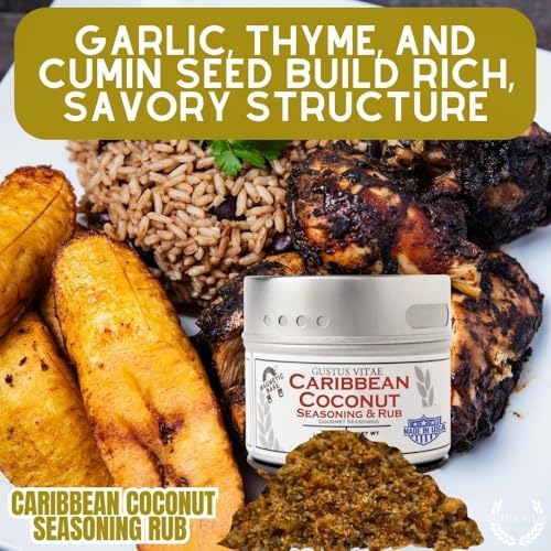 Caribbean Coconut Seasoning & Rub | Authentic Artisanal Gourmet Spice Mix | All Natural, Non GMO | Sustainably Sourced, Ultra Premium Seasoning | Hand Crafted Spices, Made in Small Batches | GLP-1 Friendly | Made in USA | Magnetic Tin | Gustus Vitae | #44
