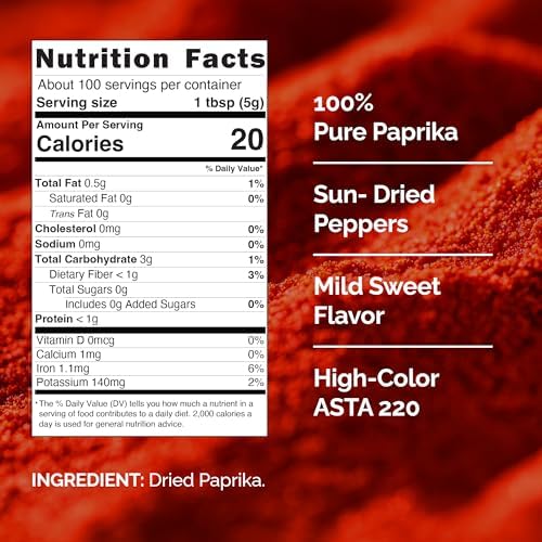 Snackathon Sweet Paprika Powder, 1.1 LB (500g) Resealable Bulk Bag, High Color ASTA 220, Vibrant Red, Mild & Sweet, 100% Pure All-Natural, Fine & Smooth Gourmet Spice