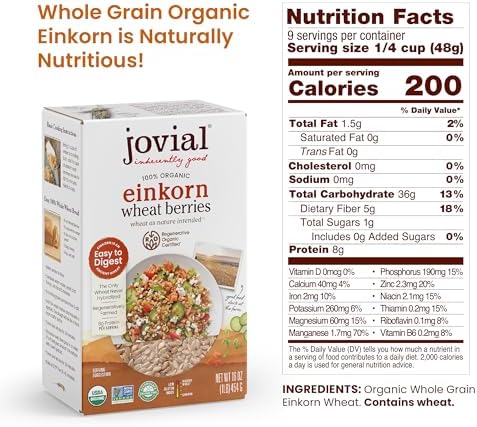 Jovial Einkorn 100% Organic Wheat Berries - Einkorn Berries, Organic Farro, High Protein, Non-GMO, USDA Certified, Lower Carb, Whole Grain, Product of Italy - 16 Oz, 3 Pack