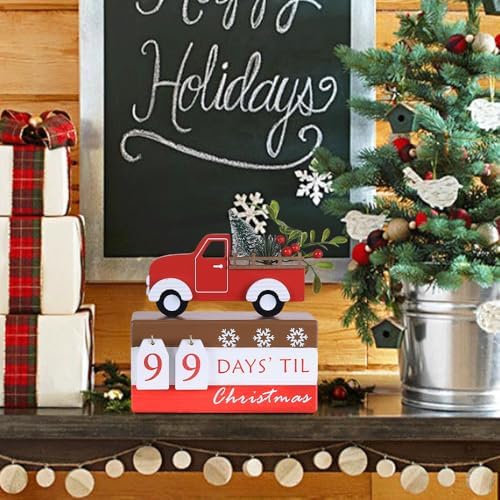 DECSPAS Christmas Countdown Decorations, 99 Days Until Christmas Advent Calendar Wooden Stacked Book Truck, Xmas Table Decorations for Home Indoor Living Room Bedroom Mantel Decor