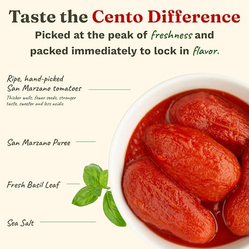 Cento Certified San Marzano Whole Peeled Tomatoes, 28 Oz, Canned Plum Tomatoes in Thick Puree with Basil, Grown and Processed in Italy