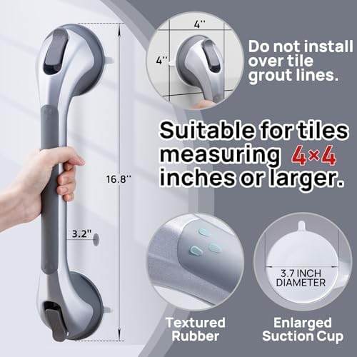 LEVERLOC Shower Grab Bars 2 Pack, Suction Grab Bar Easy to Install Shower Handle for Bathroom Removable Handrails for Seniors Elderly Heavy Duty Safety Grip Waterproof Drill Free, Silver