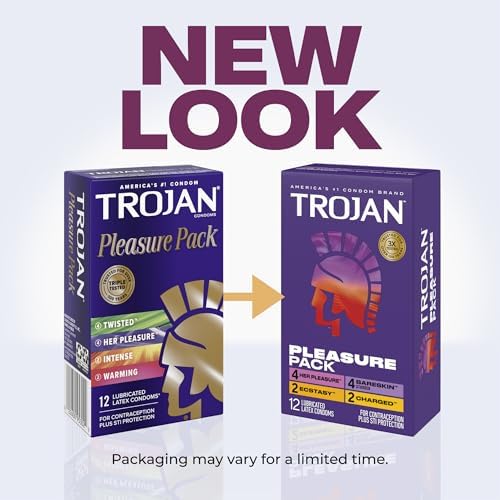Trojan Pleasure Pack, Assorted Latex Lubricated Condoms for Men, Her Pleasure, Bareskin Studded, Ecstasy & Charged Varieties, 12 Count