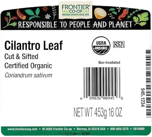 Frontier Co-op Organic Cilantro Leaf, Cut and Sifted, 1lb Bulk Bag - Dried Cilantro Seasoning - Perfect for Tea, Soups, Sauces, Salsa and More - Kosher