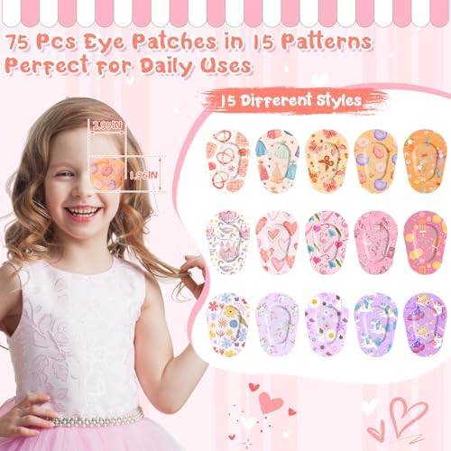 75 Pcs Kids Eye Patches 15 Cute Styles Soft Breathable Cotton Adhesive Patches for Amblyopia and Lazy Eye, 2.95"x1.96" Disposable Bandages for Toddlers, Girls & Adults, Bulk Pack