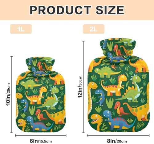 Hot Water Bottle with Cover Colorful Cartoon Dinosaurs Cute Hot Water Bags Hot Water Pouch for Pain Relief Hand Feet Bed Warmer 2 Liter