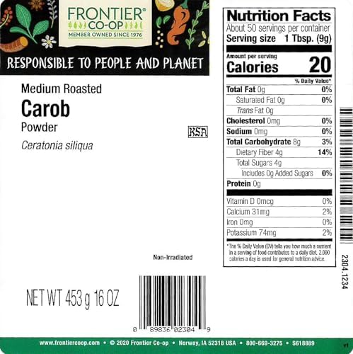 Frontier Co-op Ground Carob Powder, 1lb Bulk Bag - Medium-Roasted Natural Cocoa Substitute Powder with Rich Chocolate Flavor - Caffeine-Free, Kosher