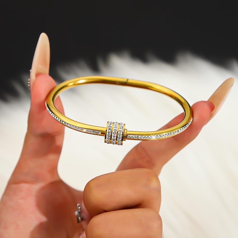 Oval Cubic Zircon Stainless Steel Gold Bangle Bracelet for Women Trendy Fashion Accessories Jewelry Gift