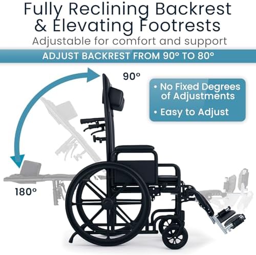 Vive Mobility Reclining Wheelchair with Elevating Leg Rests - Heavy Duty Recliner Wheel Chair for Seniors & Adults - Wide 20" Seat, up to 300lbs - High Back, Leg & Head Support - Comfortable Headrest