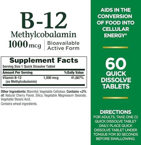 Nature's Bounty Vitamin B-12 Quick Dissolve Tablets, 1000mcg, Aids in the Conversion of Food into Cellular Energy, Cherry Flavor, 60ct