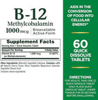 Nature's Bounty Vitamin B-12 Quick Dissolve Tablets, 1000mcg, Aids in the Conversion of Food into Cellular Energy, Cherry Flavor, 60ct