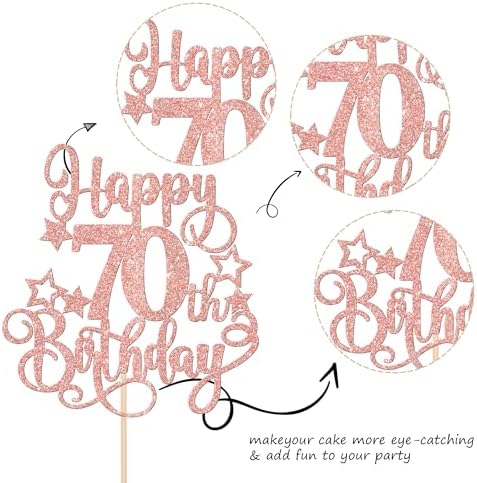 1 PCS Happy 70th Birthday Cake Topper Glitter Cheers to 70 Years Birthday Cake Pick Hello 70 Fabulous Cake Decoration for Happy 70th Birthday Anniversary Party Decorations Supplies Rose Gold