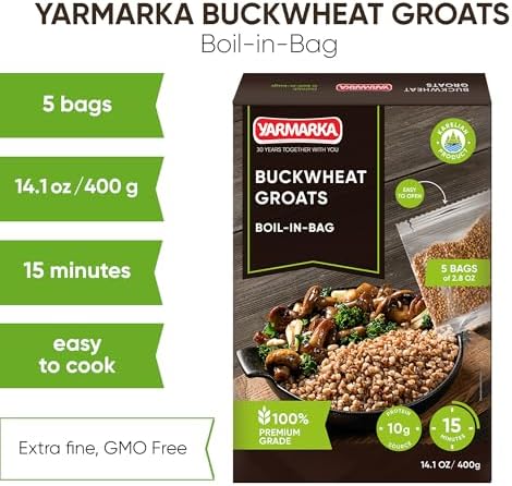 Yarmarka Boil-in-Bag Buckwheat Groats, 5 x 80g (Pack of 2) Hulled Whole Grain Kasha, Natural and Pure, Raw Toasted Buckwheat, Quick-Cook Meal