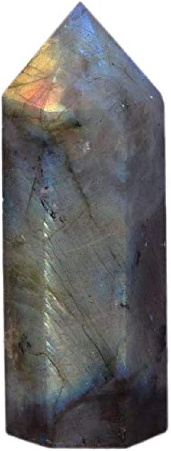 Angelstones Natural Labradorite Gemstone Healing Crystal Hexagonal Pointed Reiki Chakra Faceted Prism Wand Carved Stone Figurine Home Decor