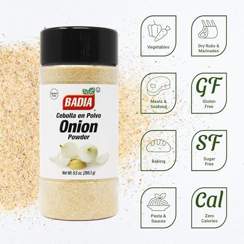 Badia Onion Powder, 9.5 oz – Pure Ground Onion Seasoning, Bold Sweet Savory Flavor, Gluten Free, No MSG, Kosher