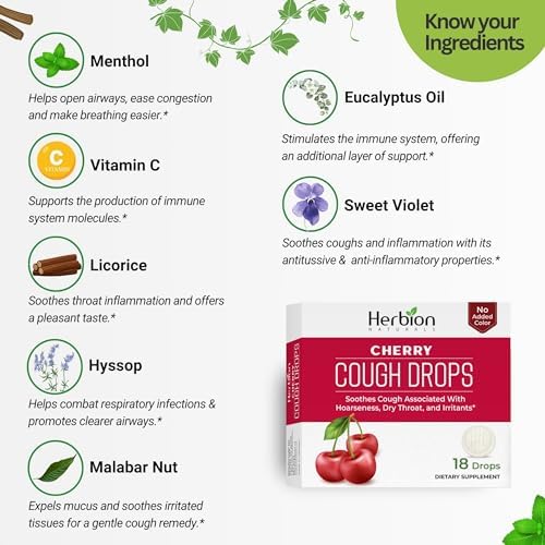 HERBION Naturals Cough Drops, Dietary Supplement, Soothes Cough, for Adults and Children Over 6 Years, No Artificial Flavor, No Added Color, 108 Count, Cherry, Pack of 6