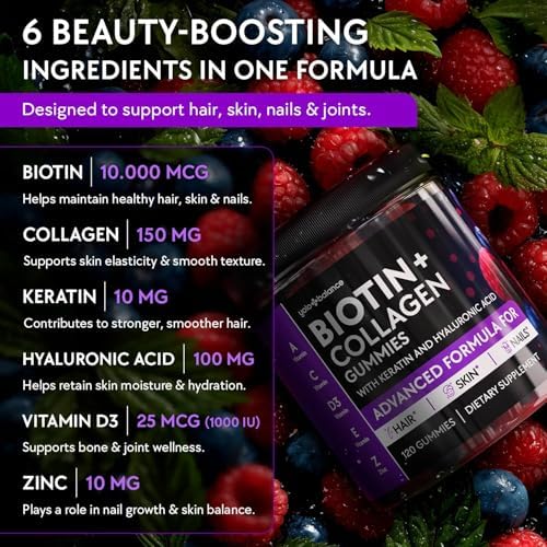 Biotin Gummies 10000mcg for Hair Growth Support - Sugar Free Multi Collagen with Keratin, Silica & Hyaluronic Acid - Pectin Based, Soft Chew Hair Skin and Nails Vitamins - 120 Count