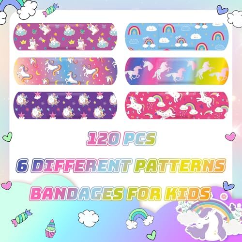 Sinmoe 6 Styles Kids Bandages Cute Cartoon Unicorn Bandages for Girls Kawaii Variety Pack Comfortable Flexible Protection Care for Cuts Scrapes Wounds(120 Pcs)