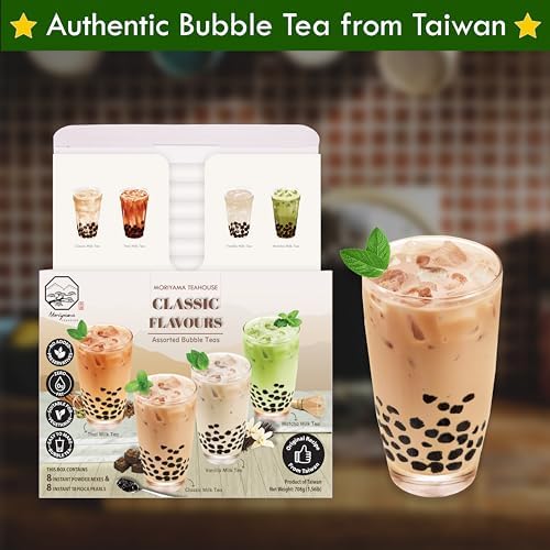 Bubble Boba Tea Kit with Instant Tapioca Pearls and Milk Tea Powders | Makes 8 Drinks | Assorted Classic Flavours include Classic, Matcha, Thai, Vanilla in Individual Sachets | By Moriyama Teahouse