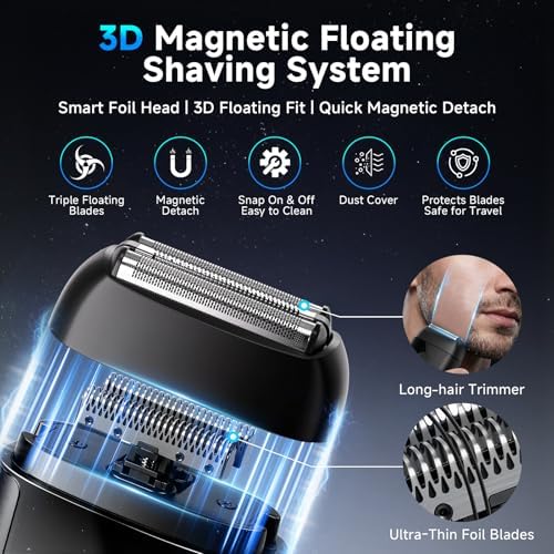 Electric Foil Shavers for Men: Mini Electric Razor with 3 Floating Blades, IPX7 Waterproof Foil Shaver, USB-C Rechargeable Shavers for Men with Travel Lock, Compact Grooming Gift for Home & Travel