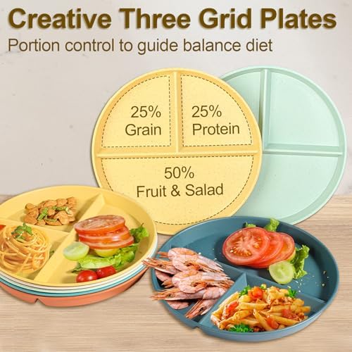 Divided Plates for Adults (8 Packs), Unbreakable Portion Control Plate Sectioned with Dividers, 9 Inch Plastic Food Separator Dinner Plates Lightweight Compartment BPA Free Reusable Microwave Safe
