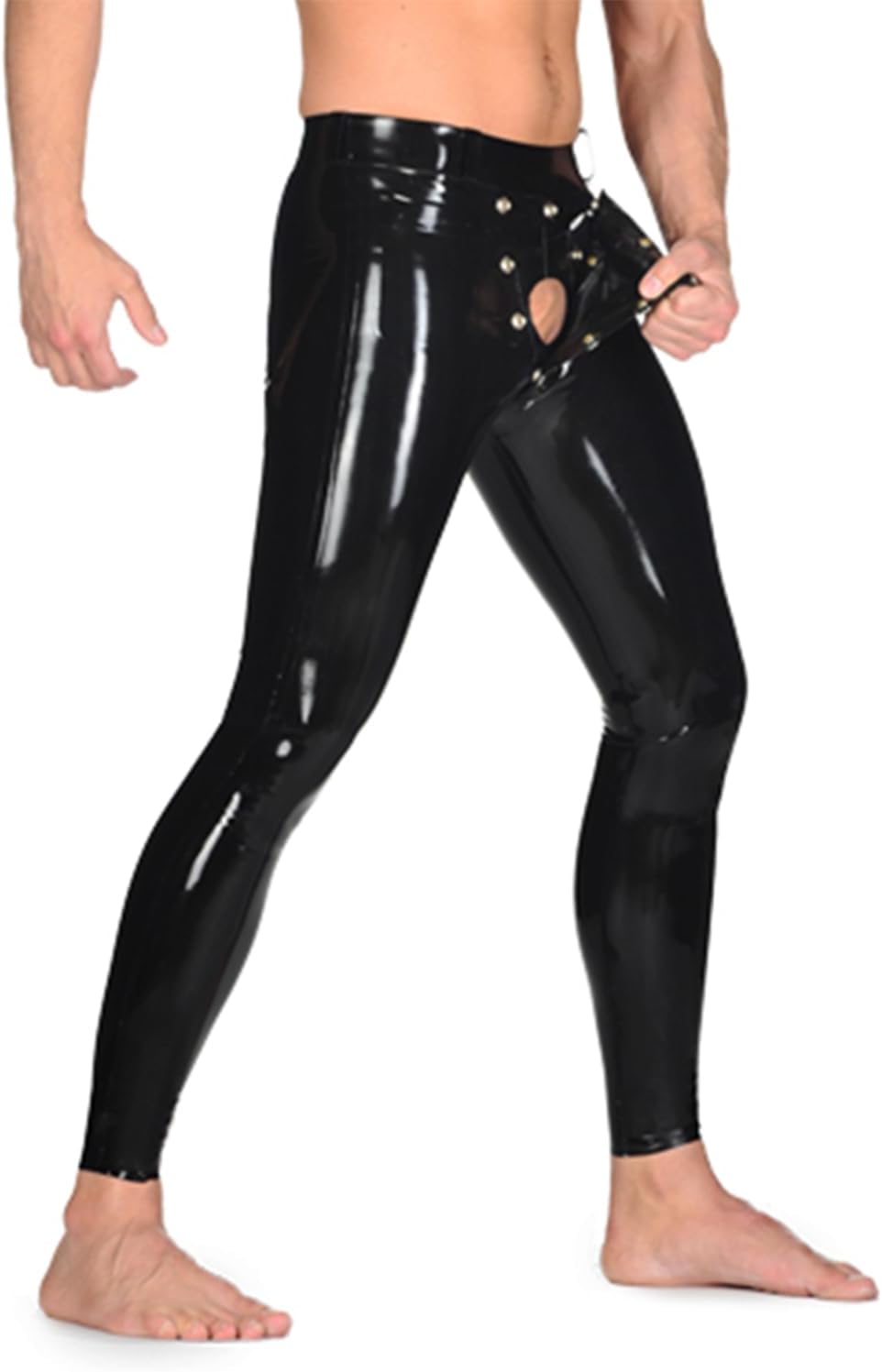 Men Black Latex Rubber Tight Long Pants Trousers with Detachable Codpiece Crotch Inside Openning JJ Hole