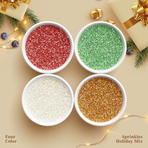 Christmas Edible Sanding Sugar Sprinkles, 6oz Coarse Sparkling Sugar with Red, Green, Gold, White, Perfect for Cake Sprinkles and Toppings, Edible Sprinkles for Cake Decorating, Cupcakes & Cookies