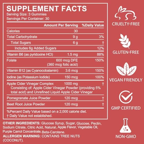 NIFEISHI Apple Cider Vinegar Gummies, (1000mg) Apple Cider Vinegar with Mother, (90Count) ACV Gummies w/Vitamin B6 & B12, Folic Acid, Vegan, Non-GMO, Gluten- & Gelatin-Free