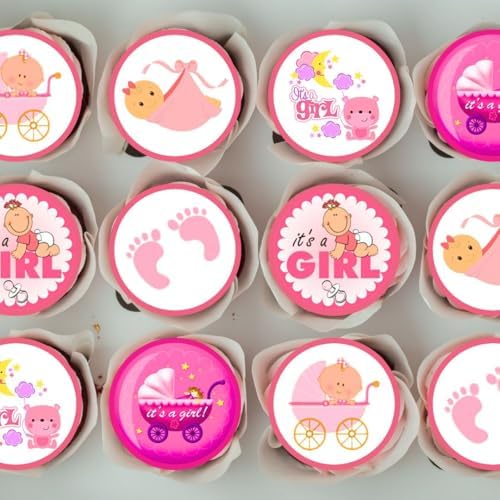 PRECUT Baby Girl Mix Edible Cupcake Toppers – Pink Baby Shower Cake Decorations, Gender Reveal, Cakes, Cupcakes, and Desserts 48 x 1.18 Inch/3cm Discs