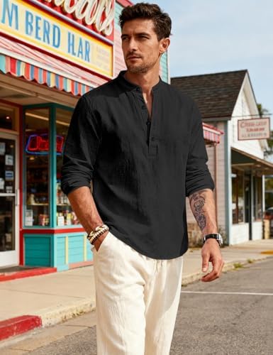Men's Linen Shirts Henley T-Shirts Long Sleeve Casual Beach T-Shirts Solid Tops Shirts for Men