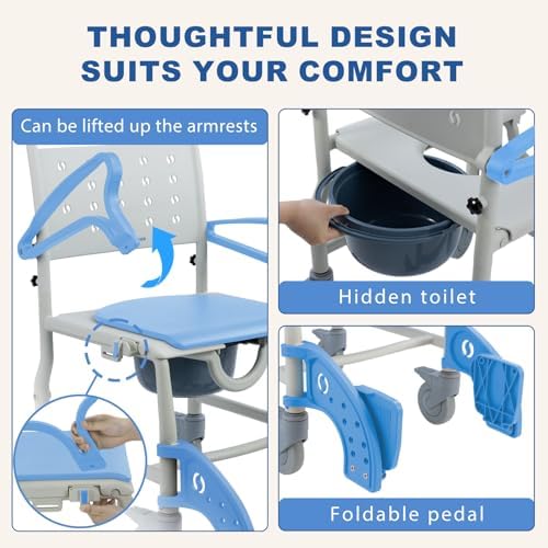 4-in-1 Rolling Shower Chair with Wheels for Elderly and Disabled, Shower Commode Chair with Bucket and Safety Locking Casters, Bedside Toilet Riser for Seniors, Light Blue