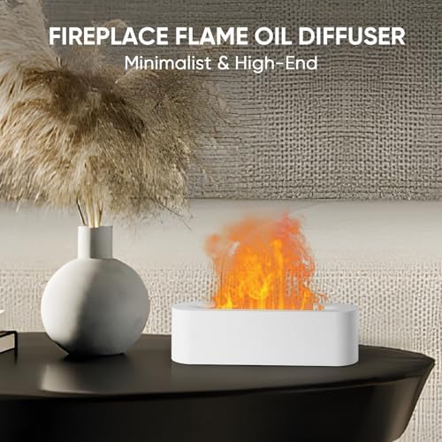 Essential Oil Diffuser, Fireplace Flame Fire Oil Diffuser, 150ml Ultrasonic Cool Mist Aromatherapy Humidifier, Scent Aroma Diffuser with 7 Colors Light, Timer & Auto-Off for Home, Room (White)