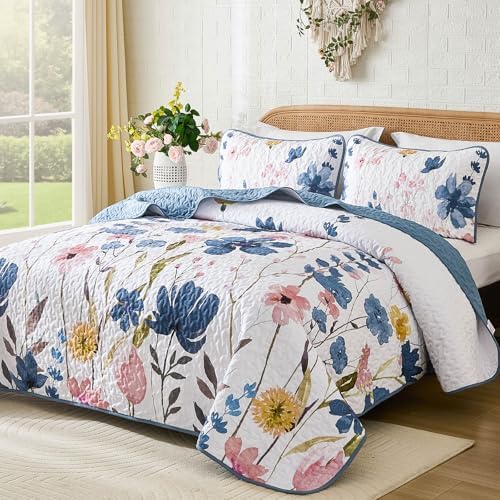 Anibedding Queen Quilt Set, Dark Blue Floral Bedspread Soft Microfiber Lightweight Queen Size Quilt Bedding Sets Flower Coverlet for All Season(Queen, 96"x90")