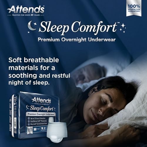 Attends Sleep Comfort Premium Overnight Underwear for Adults, Medium (34-44"), 18 Count – Maximum Absorbency, Breathable & Soft Incontinence Underwear for Nighttime Protection