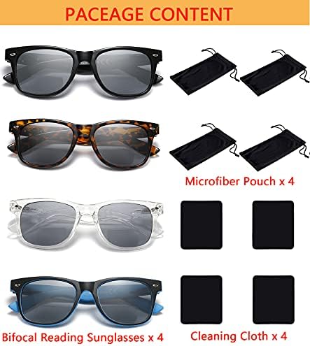 4 Pack Premium Bifocal Reading Sunglasses for Men Women Classic Outdoor UV400 Unisex Fashion Sun Readers Glasses with Spring Hinge,+2.25 strength
