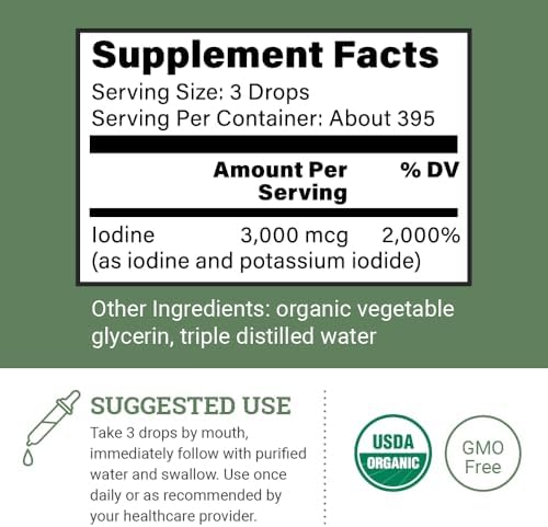 Organic Lugol's Iodine, Iodine and Potassium Iodide 2% Solution 3000 mcg - Liquid Supplement Drops for Thyroid Support for Women & Men, Metabolism Health, Detox Boost - Non-GMO, 395 Servings (2 Oz)
