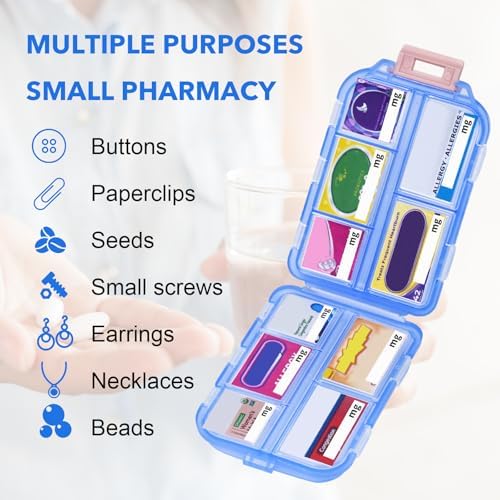 Travel Pill Organizer with 189 Medicine Labels, 10 Compartments Small Pill Case Compact and Portable Travel Pill Box for Airplane Car Purse Nurse Vacation Essentials (Blue, 1 Pack)