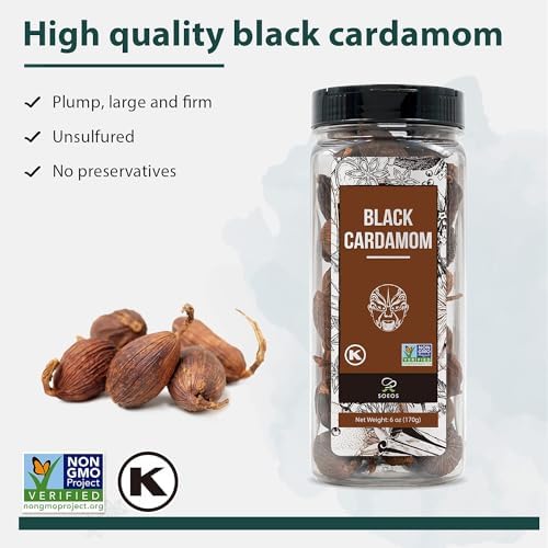 Soeos Black Cardamom Pods, 6 Ounces, NON GMO Verified, Kosher, Smoky Flavor, Freshly Dried Cardamom Seeds, Perfect for Asian and India Cooking Spice
