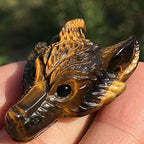Acxico 1 pcs Natural Tiger's eye jasper Quartz Crystal Wolf Skull Carved stone Healing