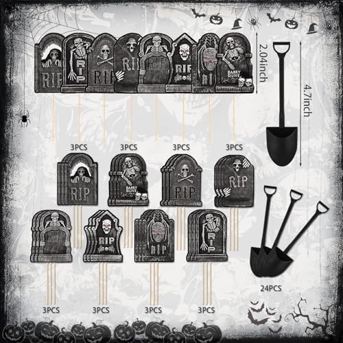 MEMOVAN Halloween Cupcake Toppers 48PCS Tombstones Cupcake Picks with Novelty Mini Shovel Spoons Graveyard Cake Topper Picks Scary Gravestone Skeleton Cupcake Decoration for Halloween Birthday Party