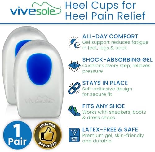 ViveSole Heel Cups for Heel Pain Relief (3 Pairs) - Gel Cushion Inserts for Heel Spur, Achilles Tendonitis, Plantar Fasciitis - Insole Pads for Shoes Women & Men - Silicone Supports, Shock Absorbing