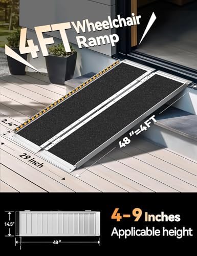 FACHNUO 4 Feet Portable Wheelchair Ramp, Non-Skid Aluminum Handicap Ramps with Handle, Folding Threshold Wheel Chair Ramp for Home Steps, Stairs, Entry, Threshold, Curbs, Stairs, 800LBS Capacity