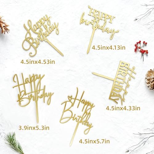 Gold Happy Birthday Cake Toppers, 5Pcs Acrylic Cupcake Toppers, Happy Birth Cake Decorations for Girls and Adults