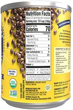 WESTBRAE 15 oz Natural Organic Black Lentils, No Salt Added, Source of Plant Based Protein and Fiber, Low Fat, Gluten Free, (Pack of 12)