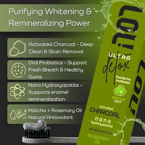 LOL Ultra Detox Matcha Mint, Activated Charcoal Toothpaste Whitening - Nano Hydroxyapatite, Probiotics, Rosemary Oil, Fluoride Free, Tooth Paste - Remineralizing Gum Detoxify Toothpaste, Pasta Dental