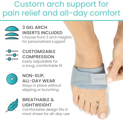 Vive Foot Arch Support Brace (Pair) - Wrap Corrector for Flat Feet, Plantar Fasciitis, Pain Relief, Fallen Arches - Compression Sleeve Strap, Gel Bands Inserts for Women & Men, Wear Under Socks (Gray)