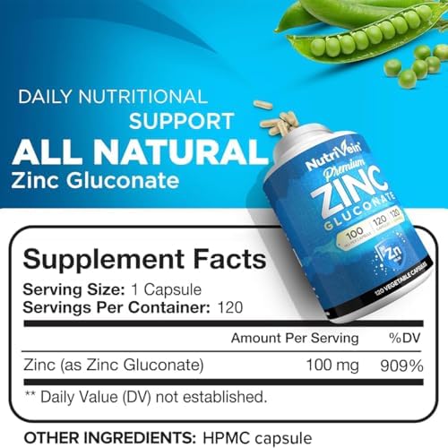 Nutrivein Premium Zinc Gluconate 100mg - 120 Capsules: High-Absorption Zinc Gluconate Supplements for Whole-Body Well-Being - Essential Elements for Wellness